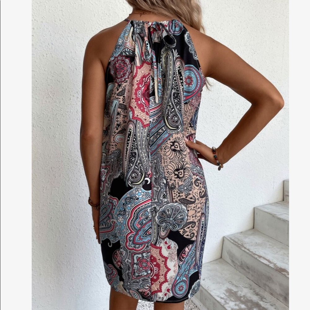 Boho Floral Paisley Print Halter Mini Dress - Picture 2 of 11